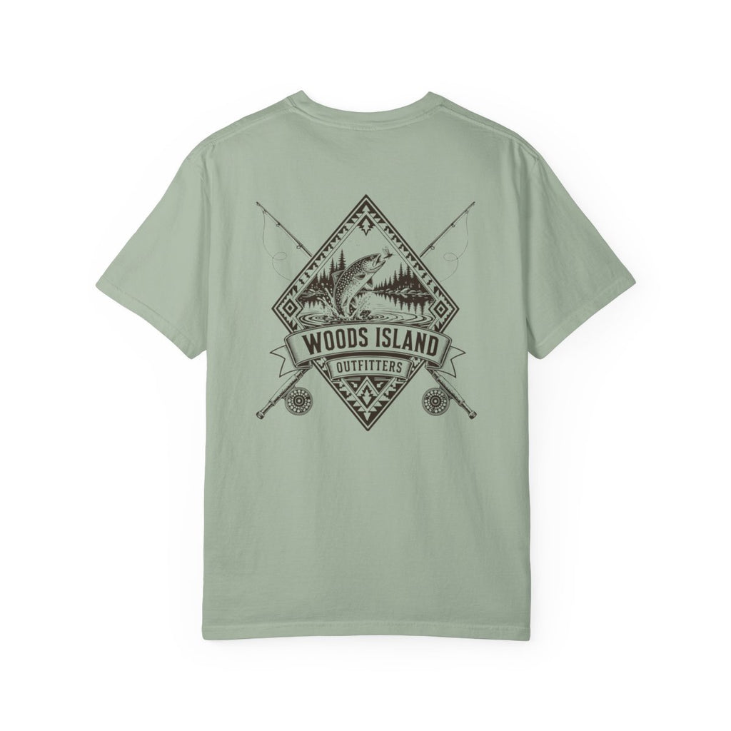 Trout crest on the back of a Bay Woods Island Outfitters tee