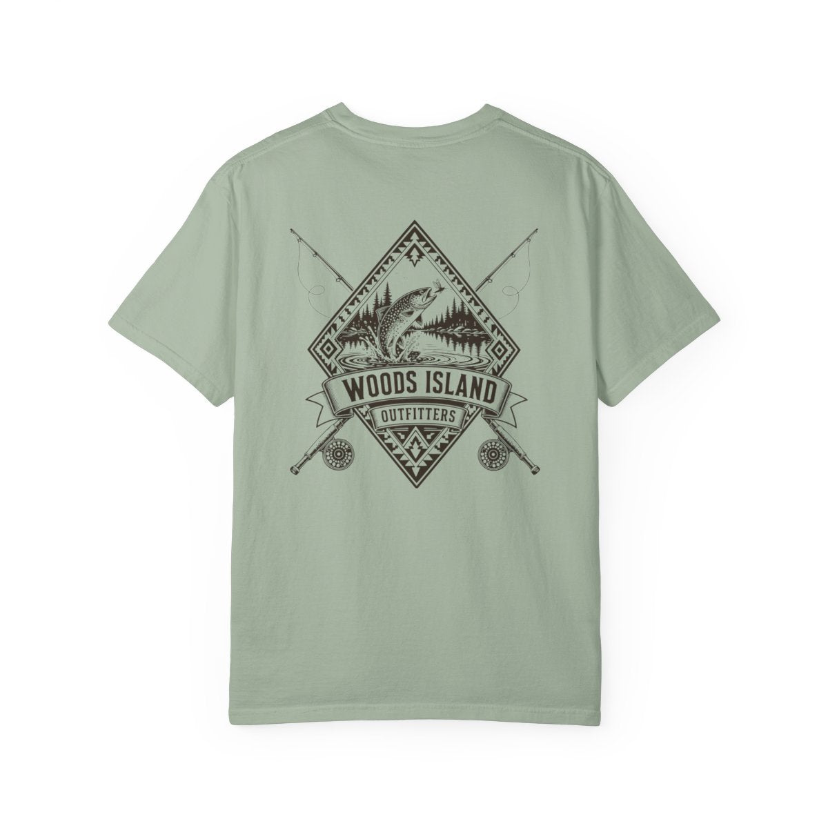 Trout crest on the back of a Bay Woods Island Outfitters tee
