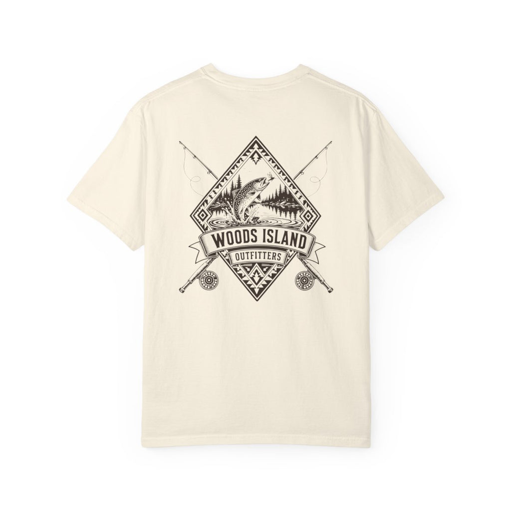 Trout crest on the back of a Woods Island Outfitters tee