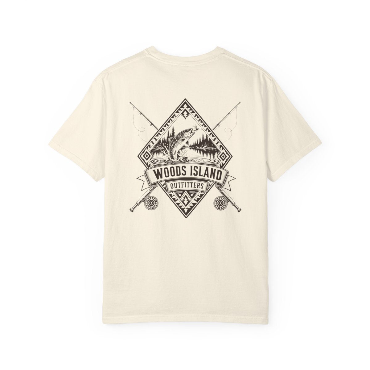Trout crest on the back of a Woods Island Outfitters tee