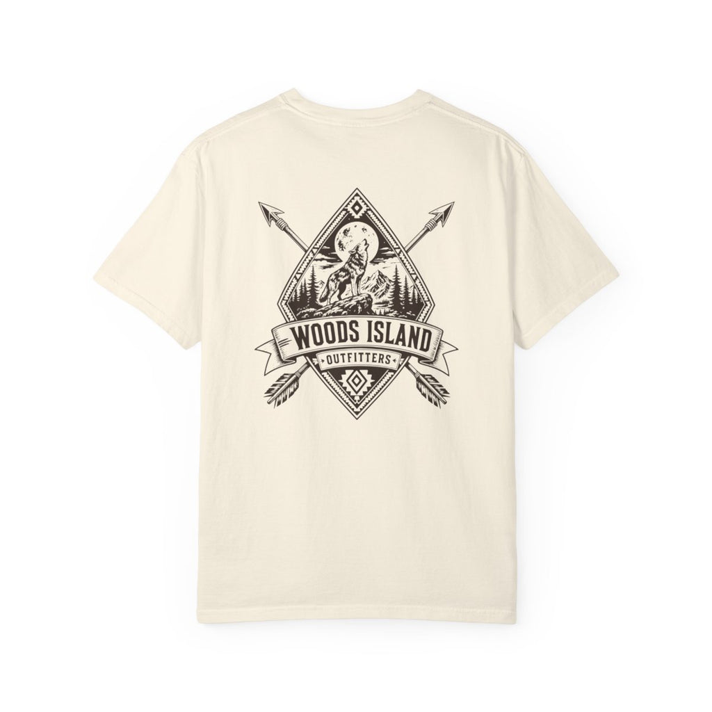 Wolf Ridge crest on the back of a Woods Island Outfitters tee