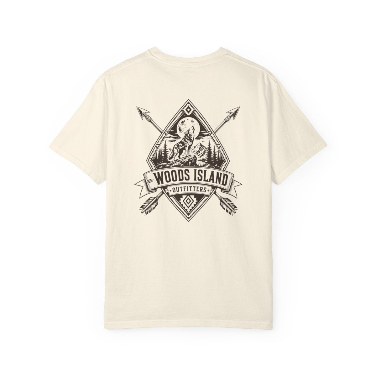 Wolf Ridge crest on the back of a Woods Island Outfitters tee