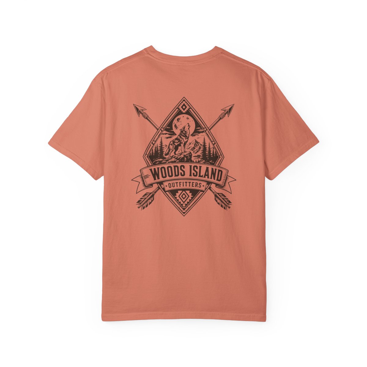 Wolf Ridge crest on the back of a Terracotta Woods Island Outfitters tee