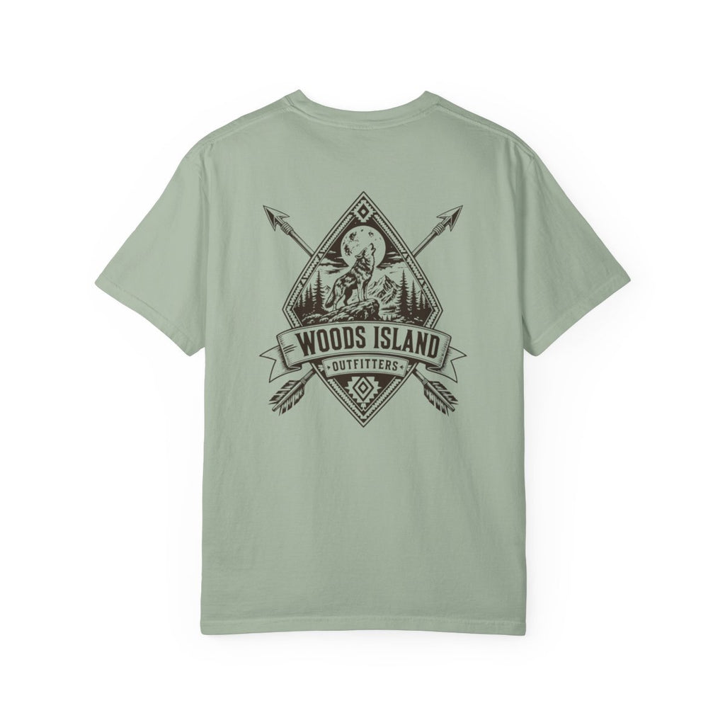 Wolf Ridge crest on the back of a Bay Woods Island Outfitters tee