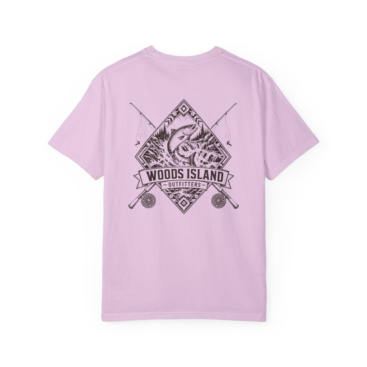 Woods Island Salmon crest on the back of a Orchid Woods Island Outfitters tee