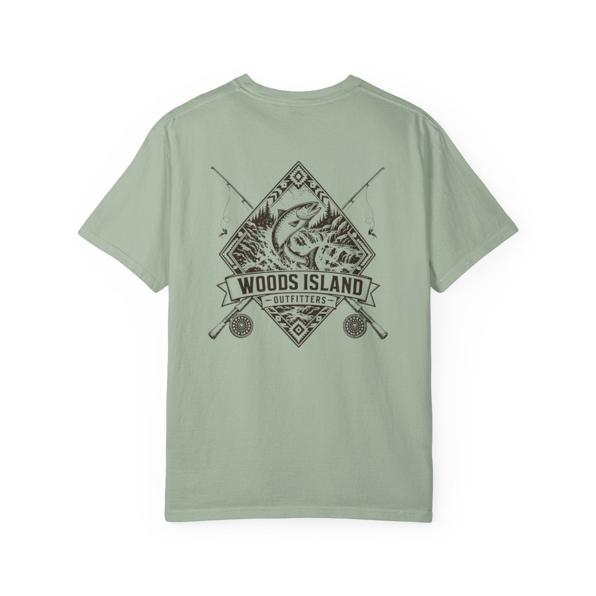 Woods Island Salmon crest on the back of a Bay Woods Island Outfitters tee