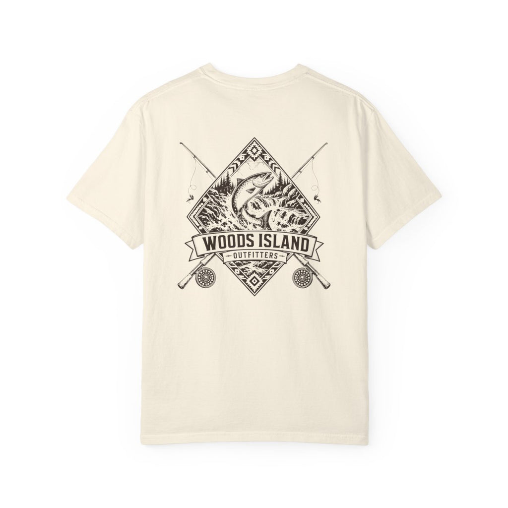 Atlantic Salmon crest on the back of a Woods Island Outfitters tee