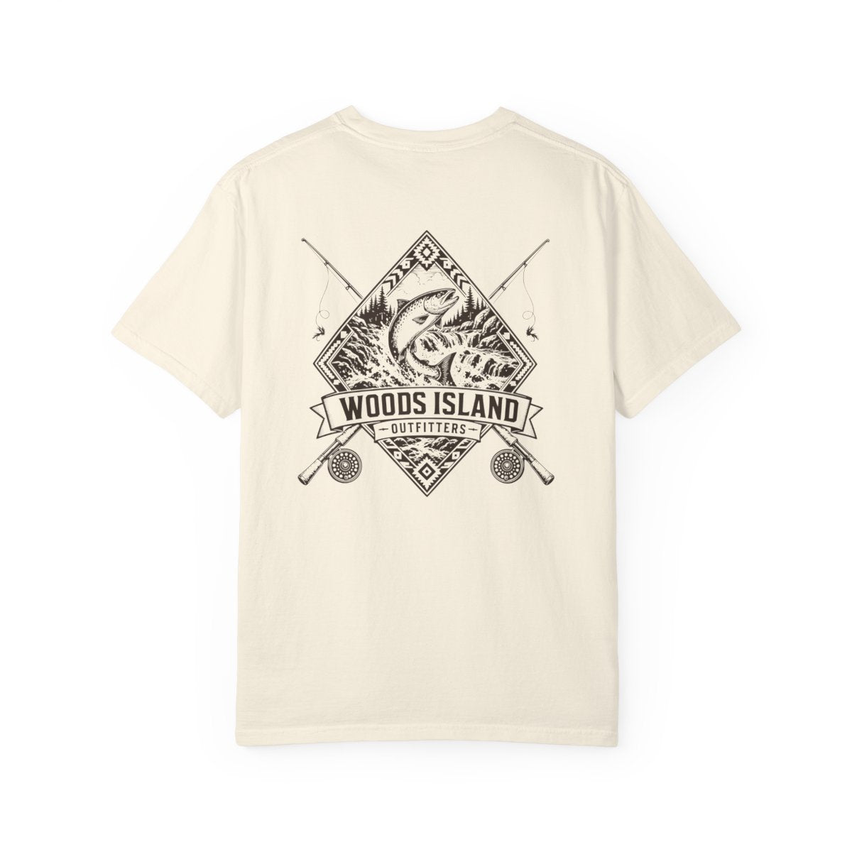 Atlantic Salmon crest on the back of a Woods Island Outfitters tee