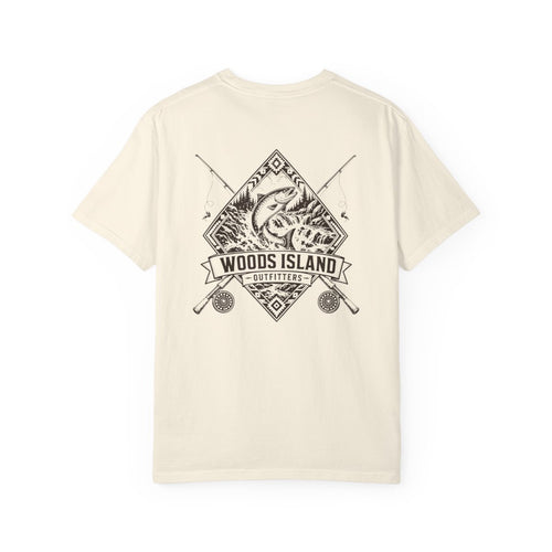 Atlantic Salmon crest on the back of a Woods Island Outfitters tee